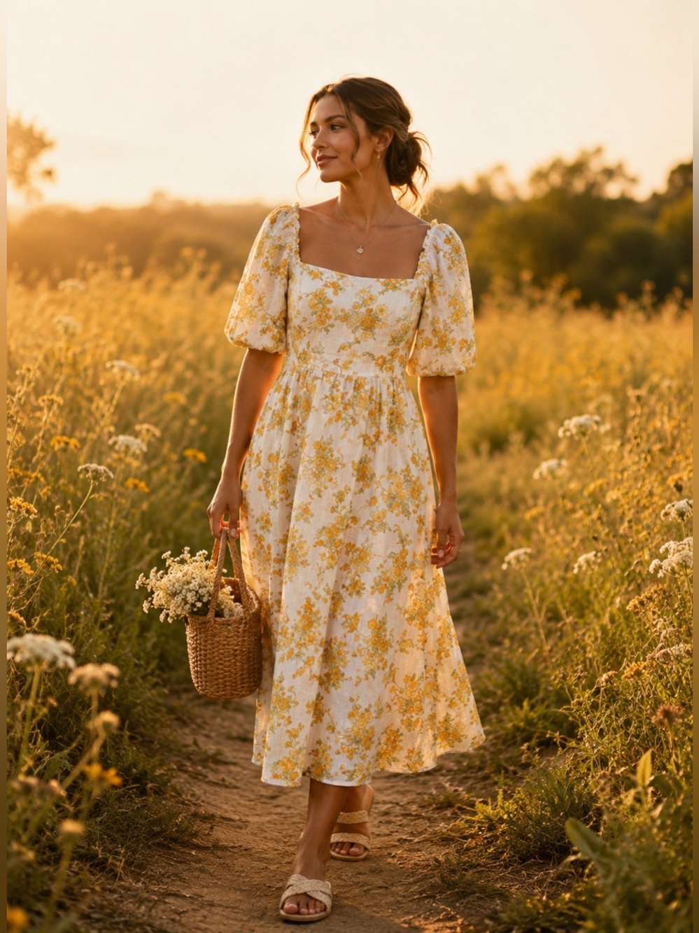 Faithfull The Brand Floral Midi Dress Puff Sleeve Cottagecore USA 6 M